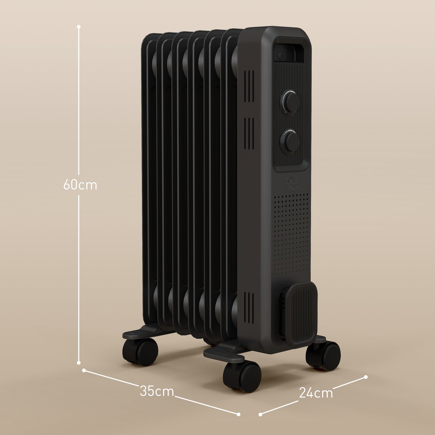 HOMCOM 1500W Oil Filled Radiator, 7 Fin, Portable Electric Heater with 3 Heat Settings, Safety Cut-Off and Wheels in Grey-1